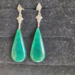 Genuine Green Agate, Marcasite and Sterling Silver Earrings